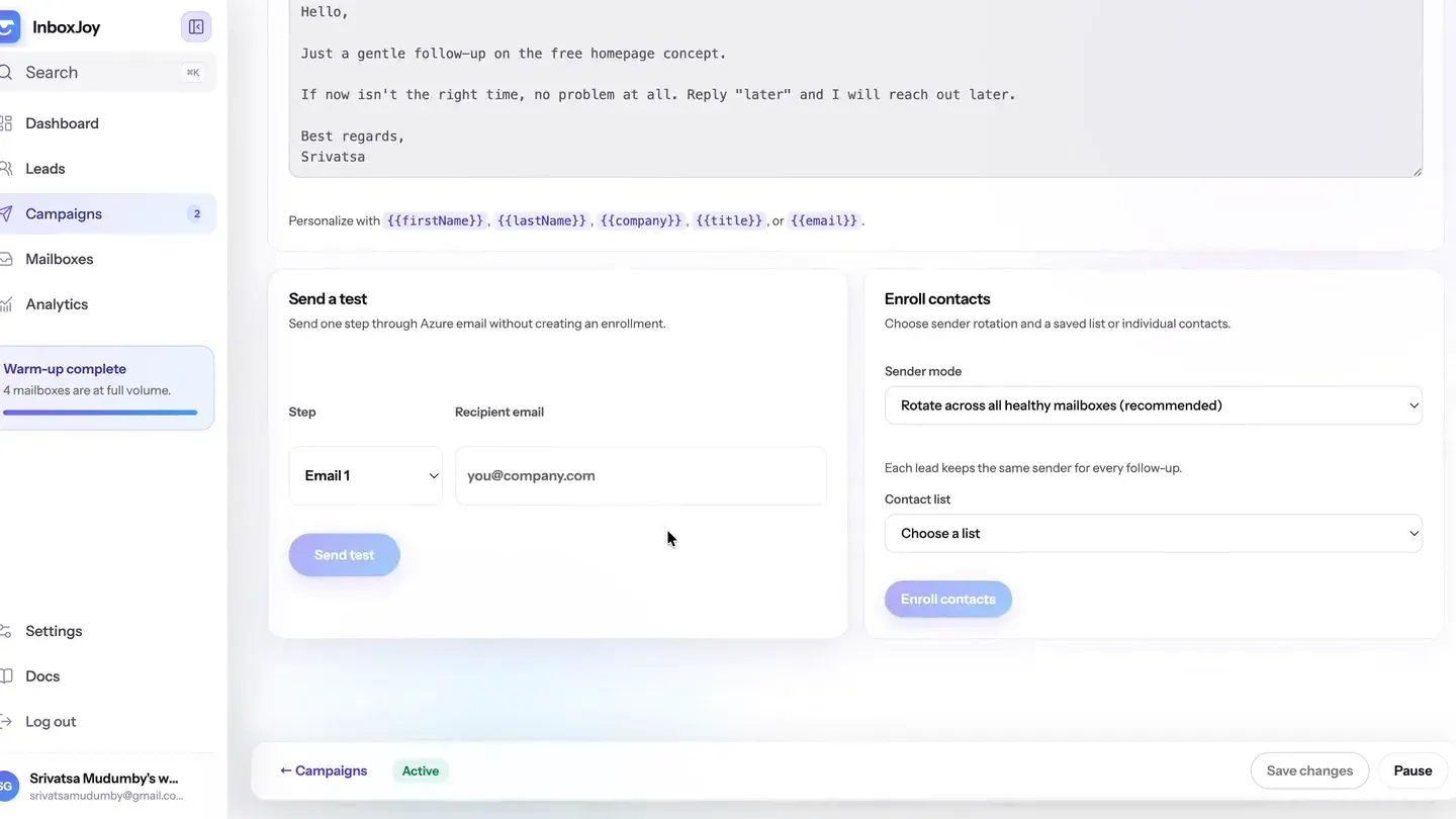 InboxJoy campaign settings with sender mode set to rotate across all healthy mailboxes