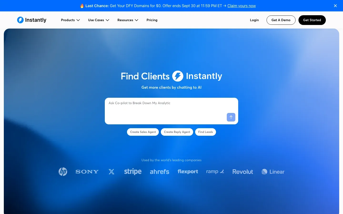 A screenshot of Instantly's landing page