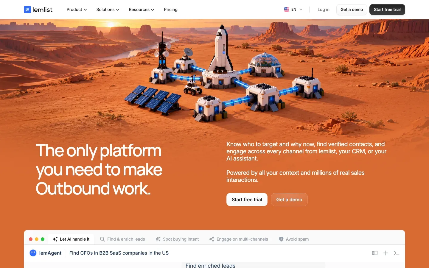 A screenshot of Lemlist's landing page