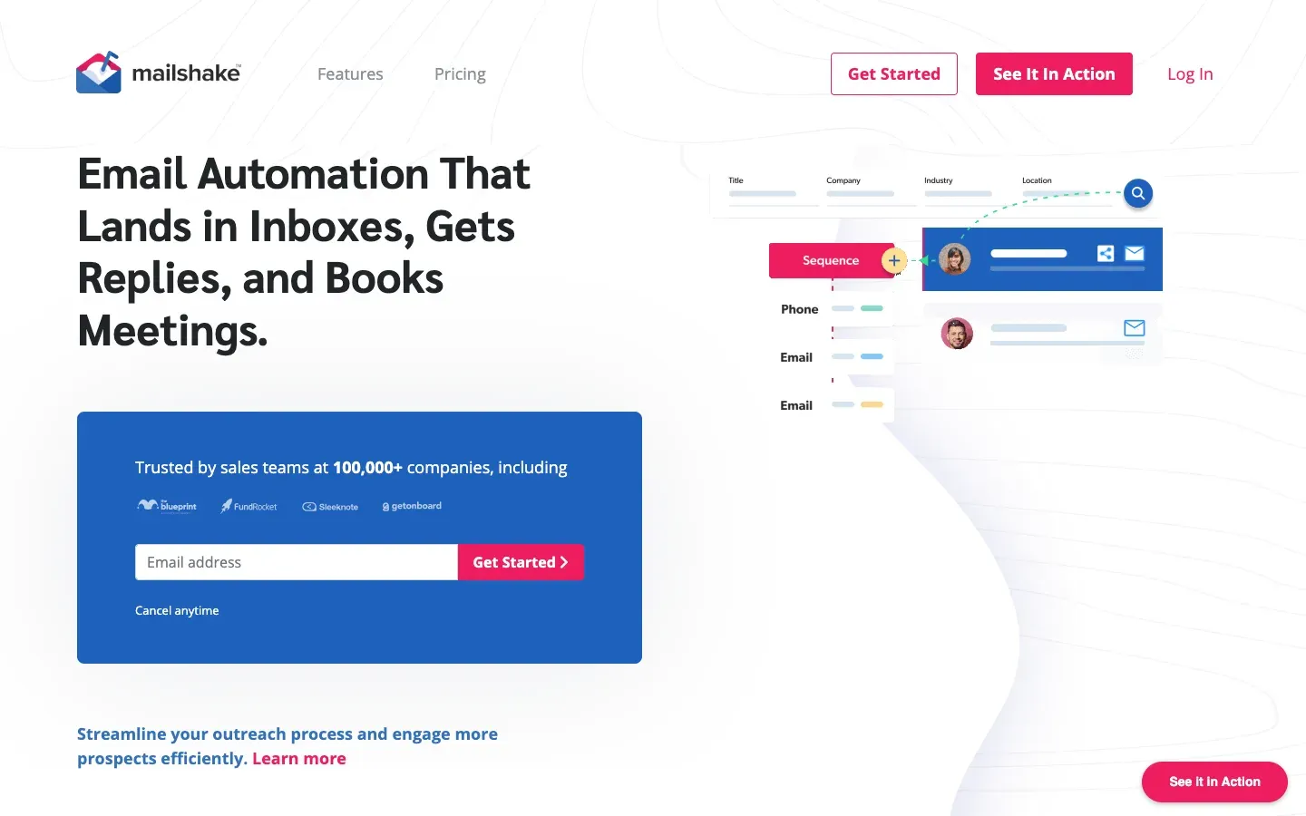 A screenshot of Mailshake's landing page