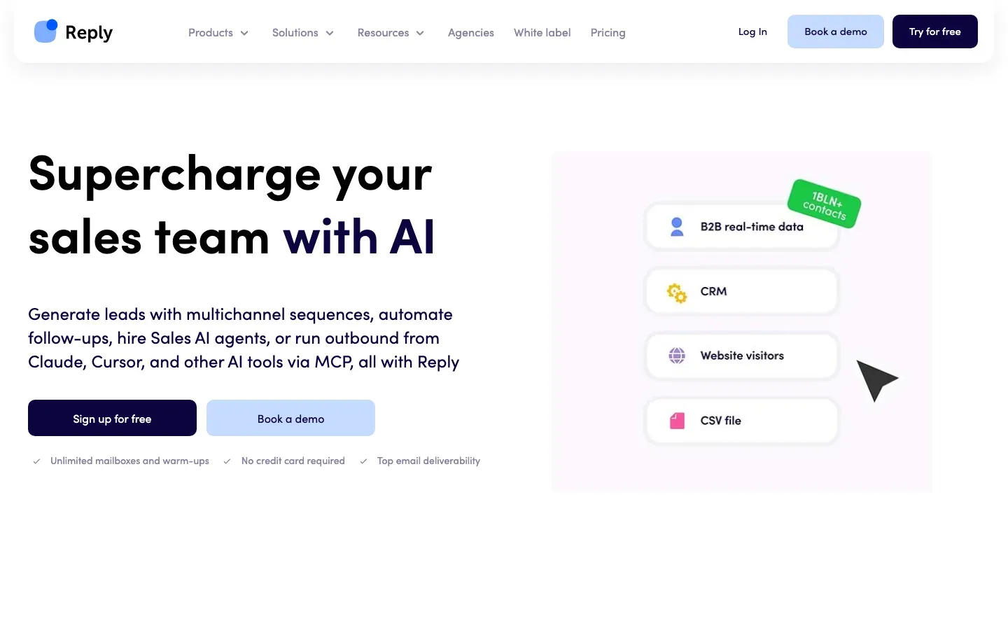 A screenshot of Reply.io's landing page