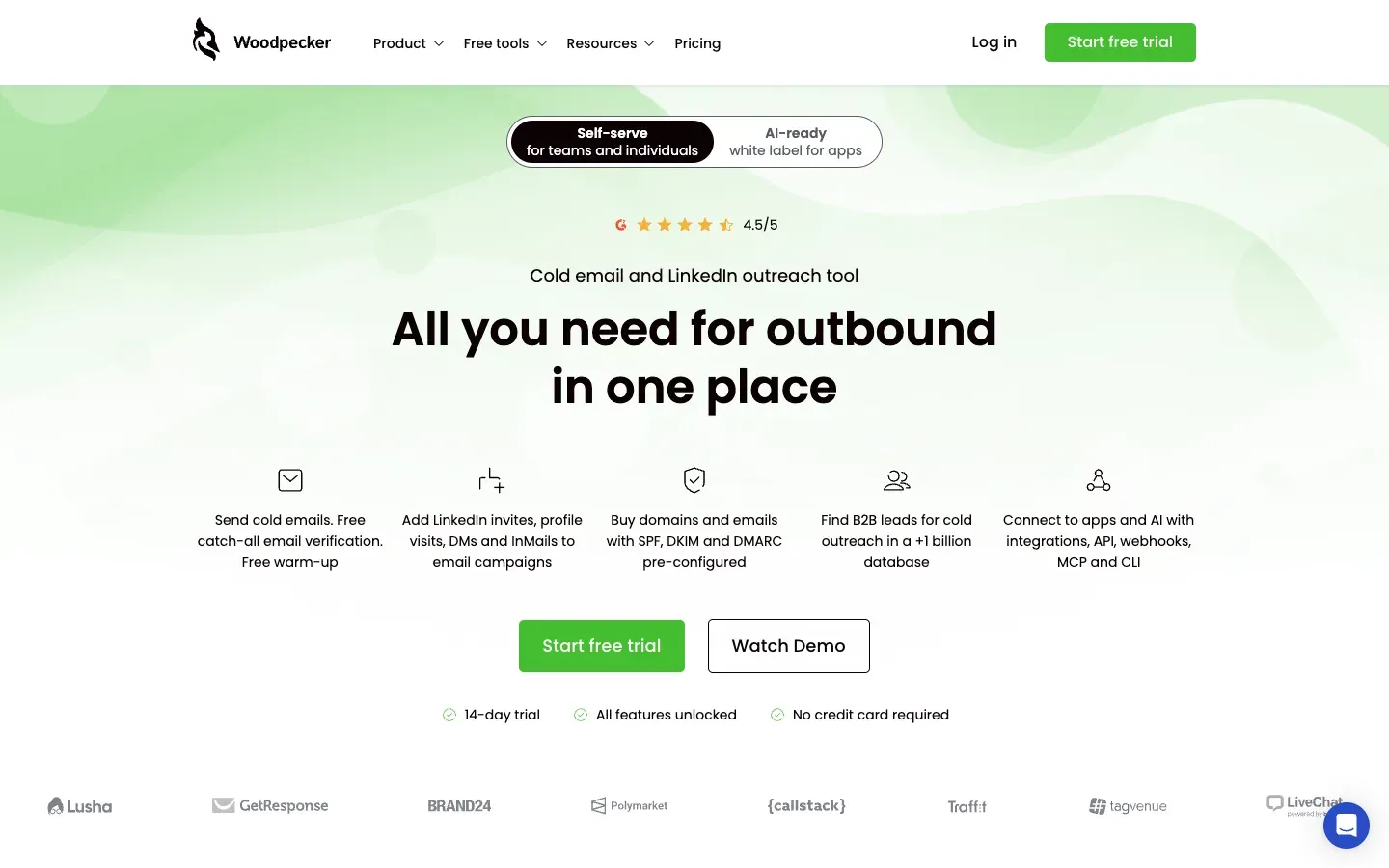 A screenshot of Woodpecker's landing page