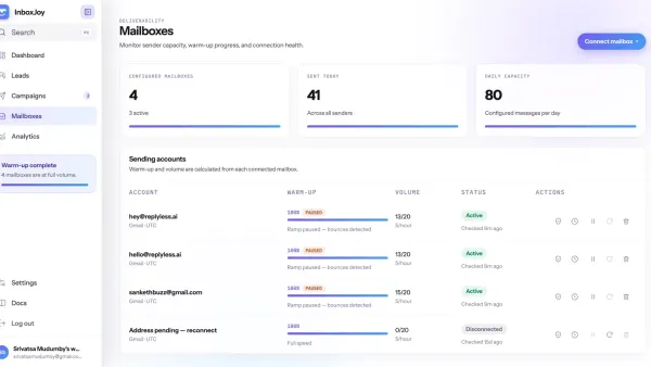 InboxJoy Mailboxes page with warm-up progress and bounce-triggered ramp pause